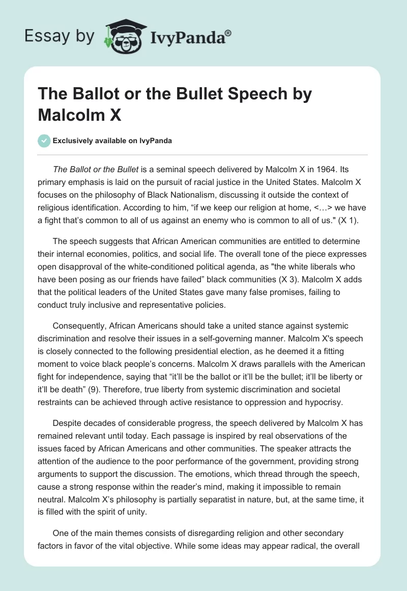 The Ballot or the Bullet Speech by Malcolm X. Page 1