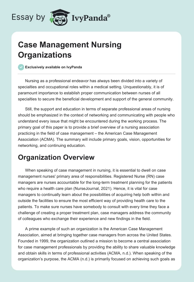 Case Management Nursing Organizations. Page 1