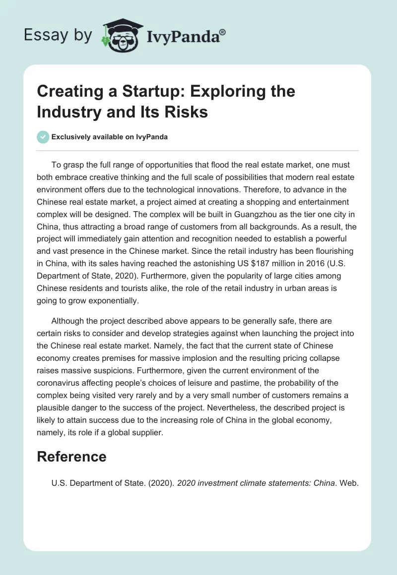 Creating a Startup: Exploring the Industry and Its Risks. Page 1