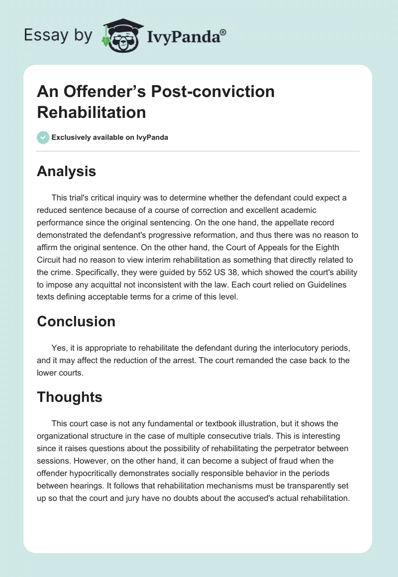 An Offender’s Post-conviction Rehabilitation. Page 1