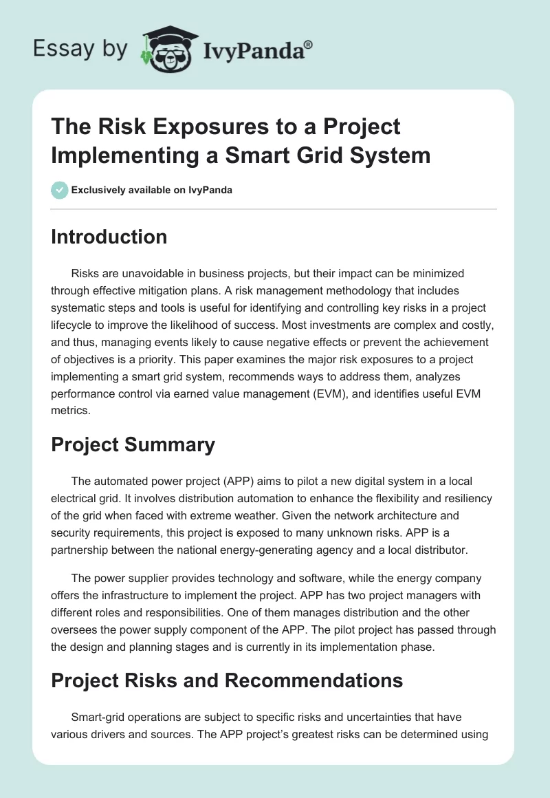 The Risk Exposures to a Project Implementing a Smart Grid System. Page 1