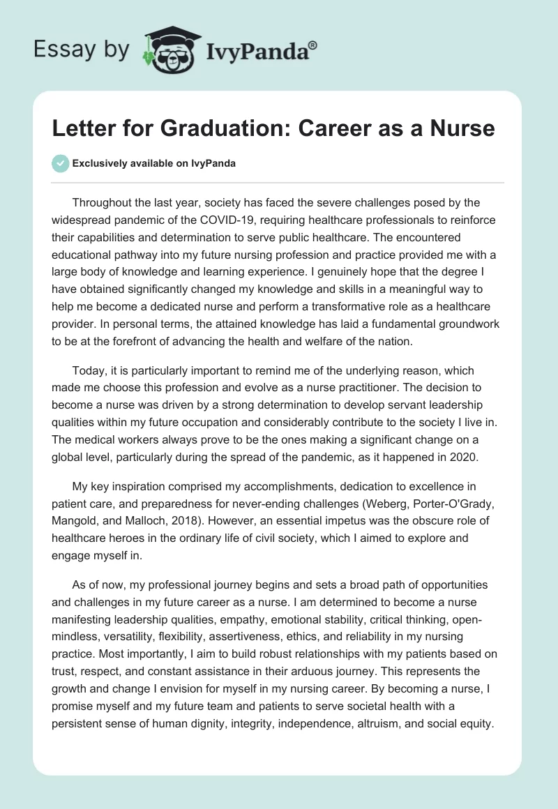 Letter for Graduation: Career as a Nurse. Page 1