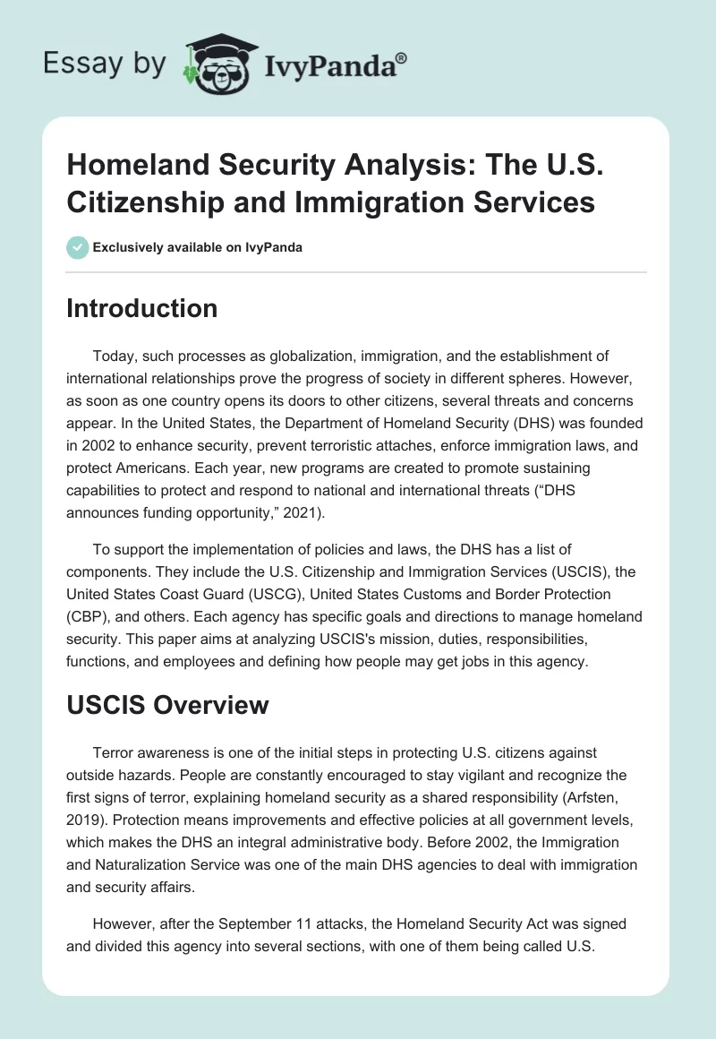 Homeland Security Analysis: The U.S. Citizenship and Immigration Services. Page 1