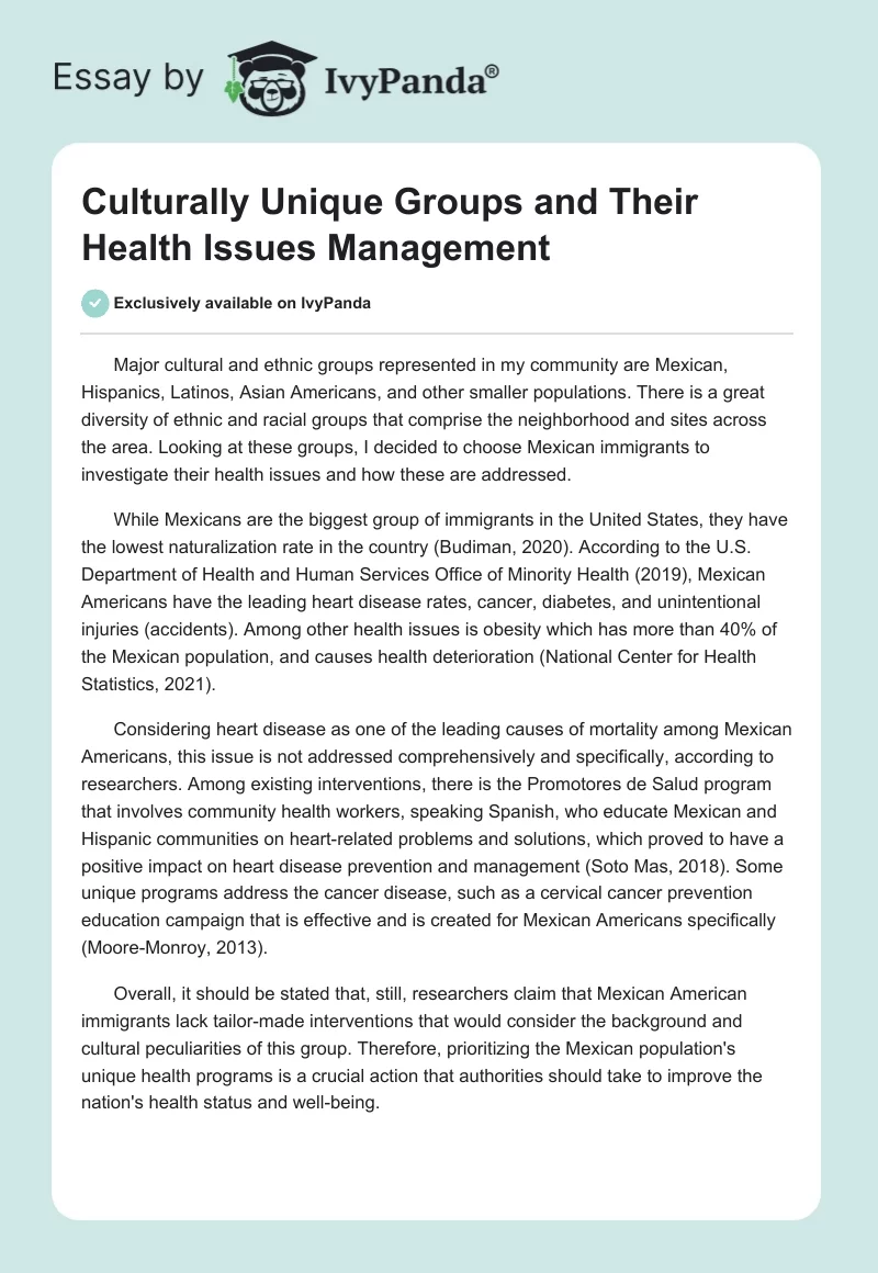 Culturally Unique Groups and Their Health Issues Management. Page 1