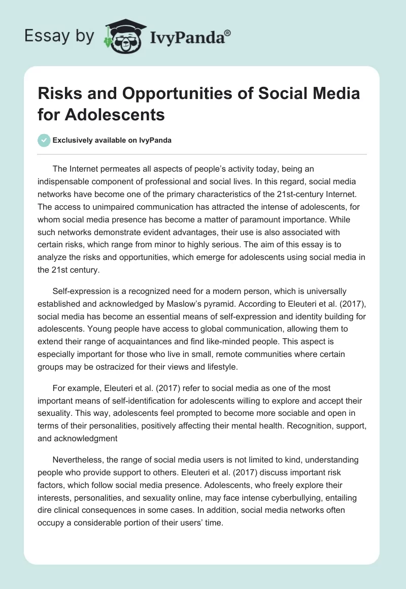 Risks and Opportunities of Social Media for Adolescents. Page 1