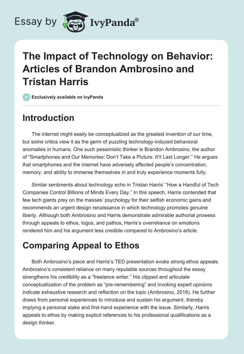 The Impact of Technology on Behavior: Articles of Brandon Ambrosino and Tristan Harris. Page 1