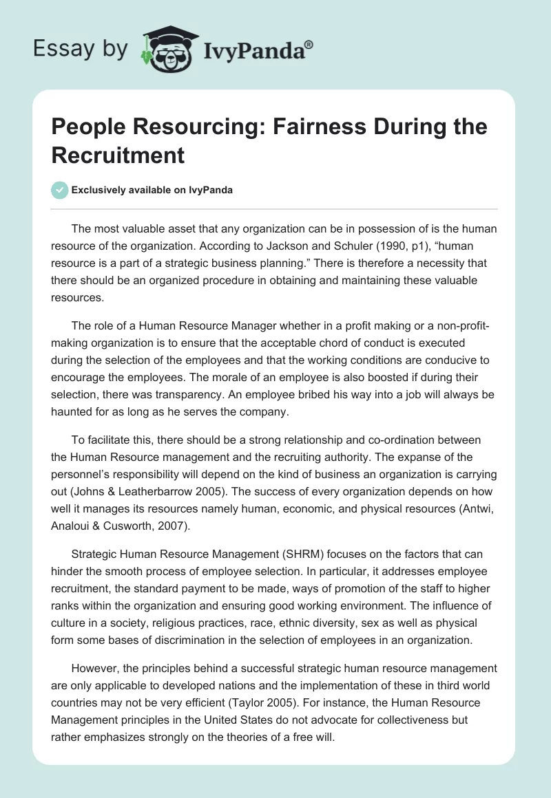 People Resourcing: Fairness During the Recruitment. Page 1
