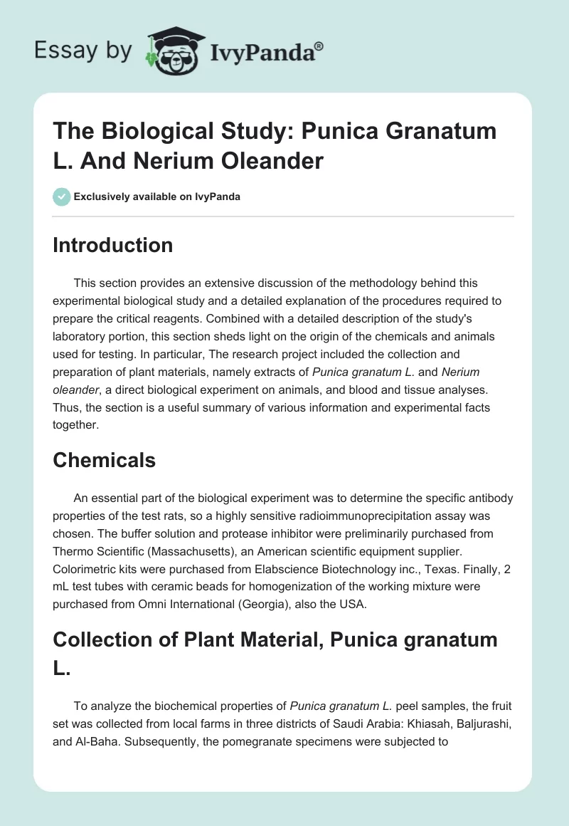 The Biological Study: Punica Granatum L. And Nerium Oleander. Page 1
