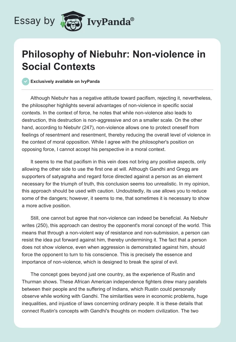 Philosophy of Niebuhr: Non-violence in Social Contexts. Page 1