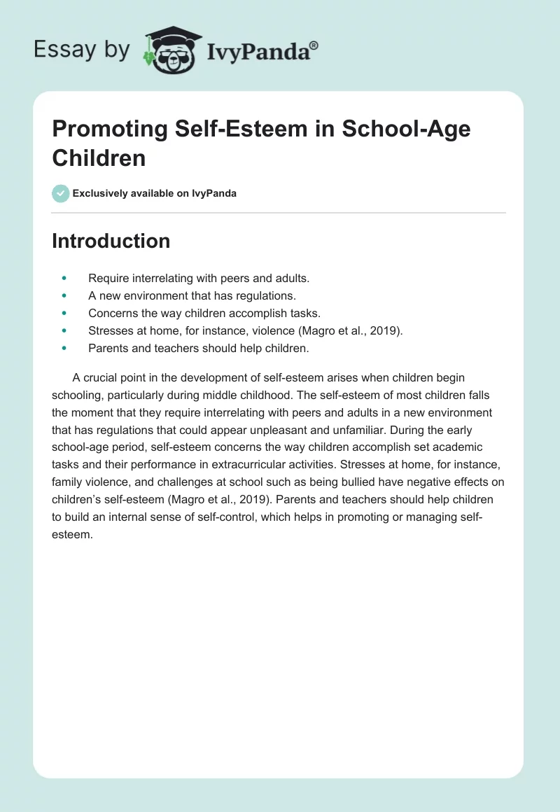 Promoting Self-Esteem in School-Age Children - 1554 Words