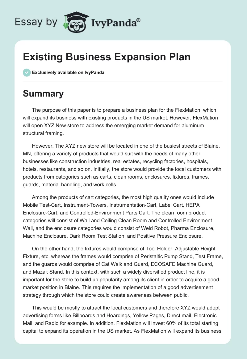 Existing Business Expansion Plan. Page 1