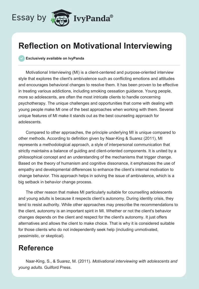 Reflection on Motivational Interviewing. Page 1