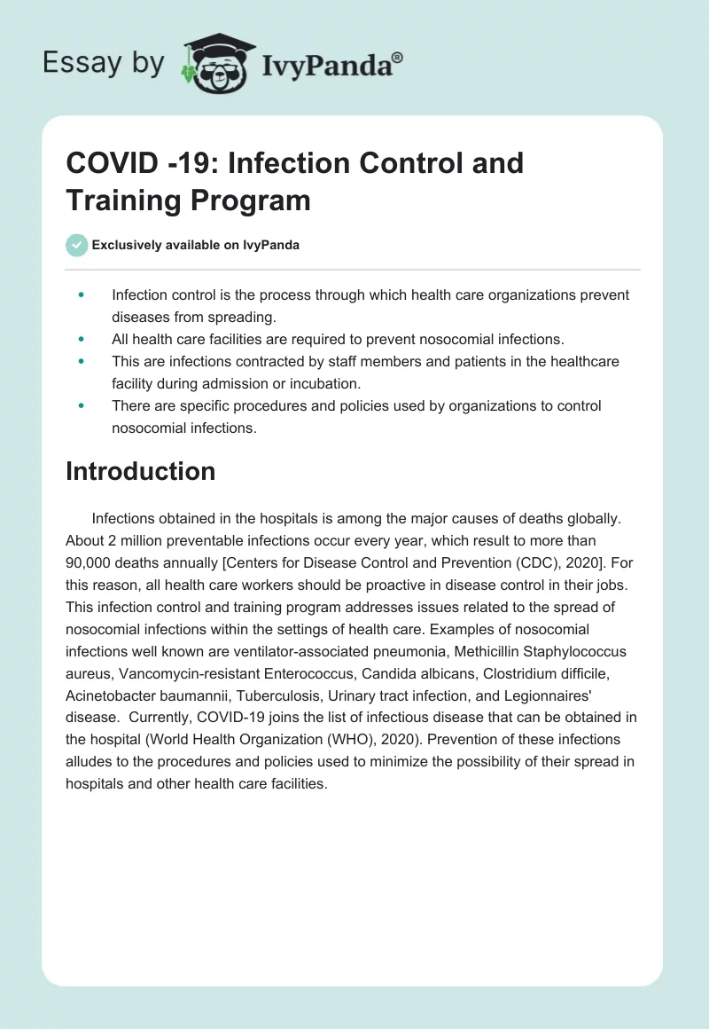 COVID-19: Infection Control and Training Program. Page 1