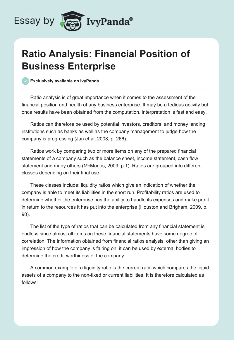 Ratio Analysis: Financial Position of Business Enterprise. Page 1