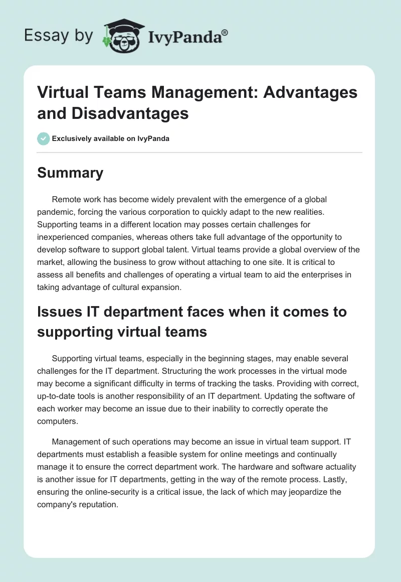 Virtual Teams Management: Advantages and Disadvantages. Page 1