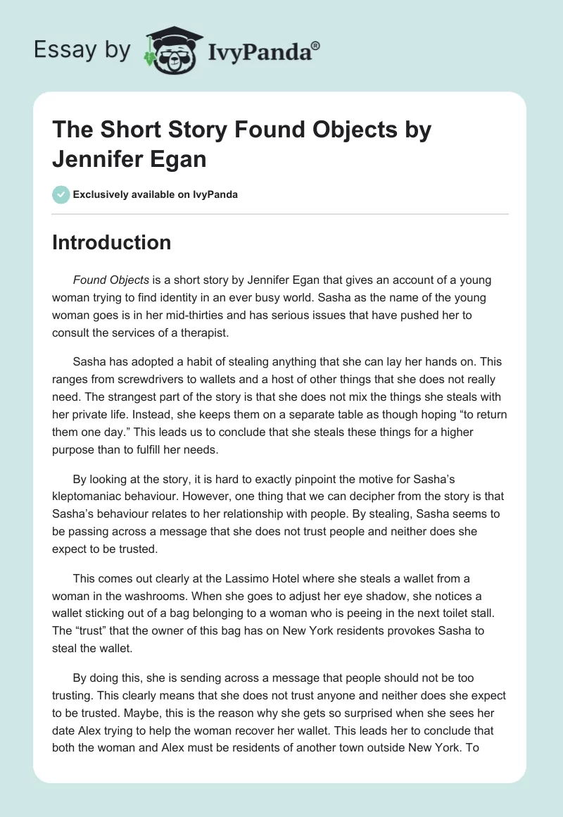 The Short Story "Found Objects" by Jennifer Egan. Page 1