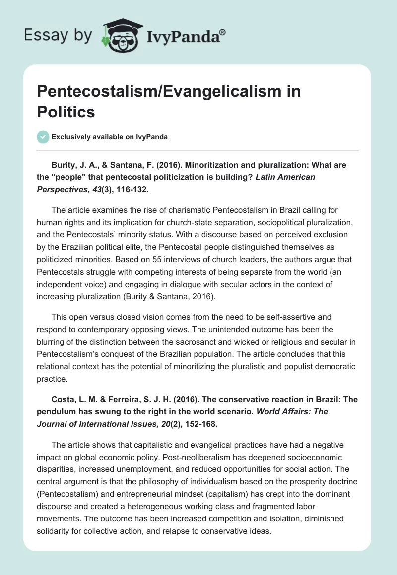 Pentecostalism/Evangelicalism in Politics. Page 1