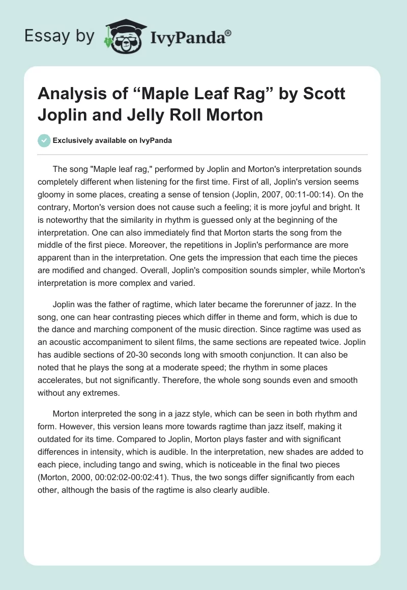 Analysis of “Maple Leaf Rag” by Scott Joplin and Jelly Roll Morton. Page 1