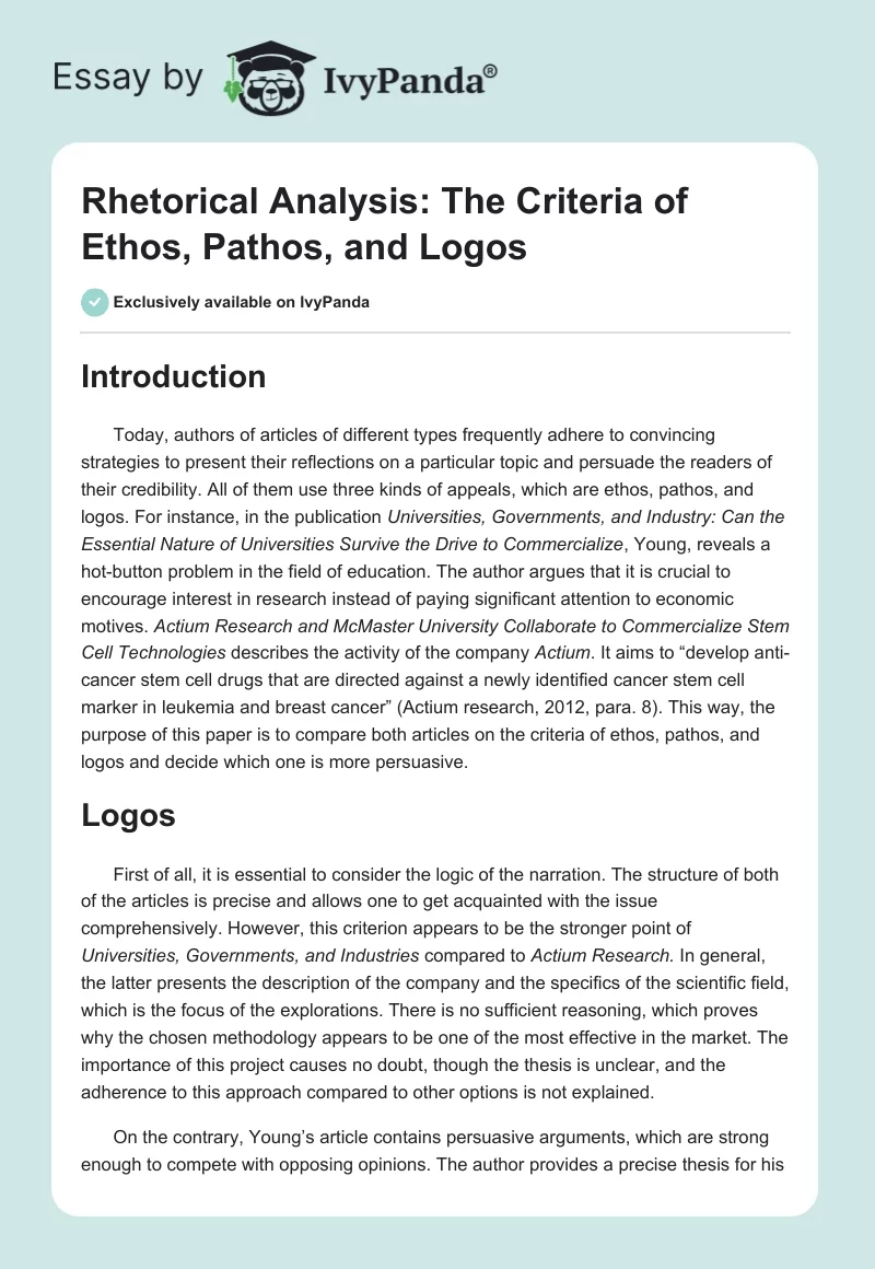 Rhetorical Analysis: The Criteria of Ethos, Pathos, and Logos. Page 1