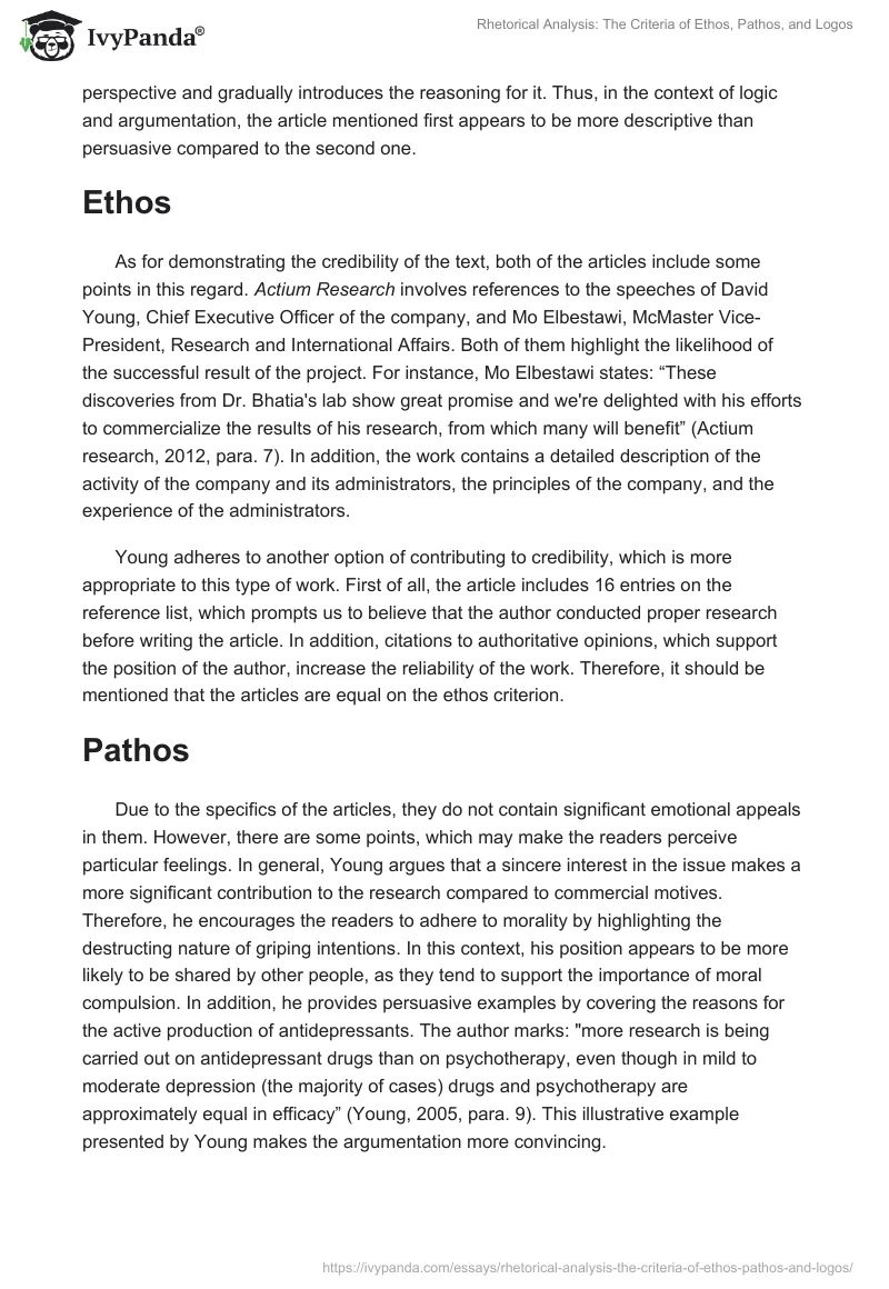 Rhetorical Analysis: The Criteria of Ethos, Pathos, and Logos. Page 2