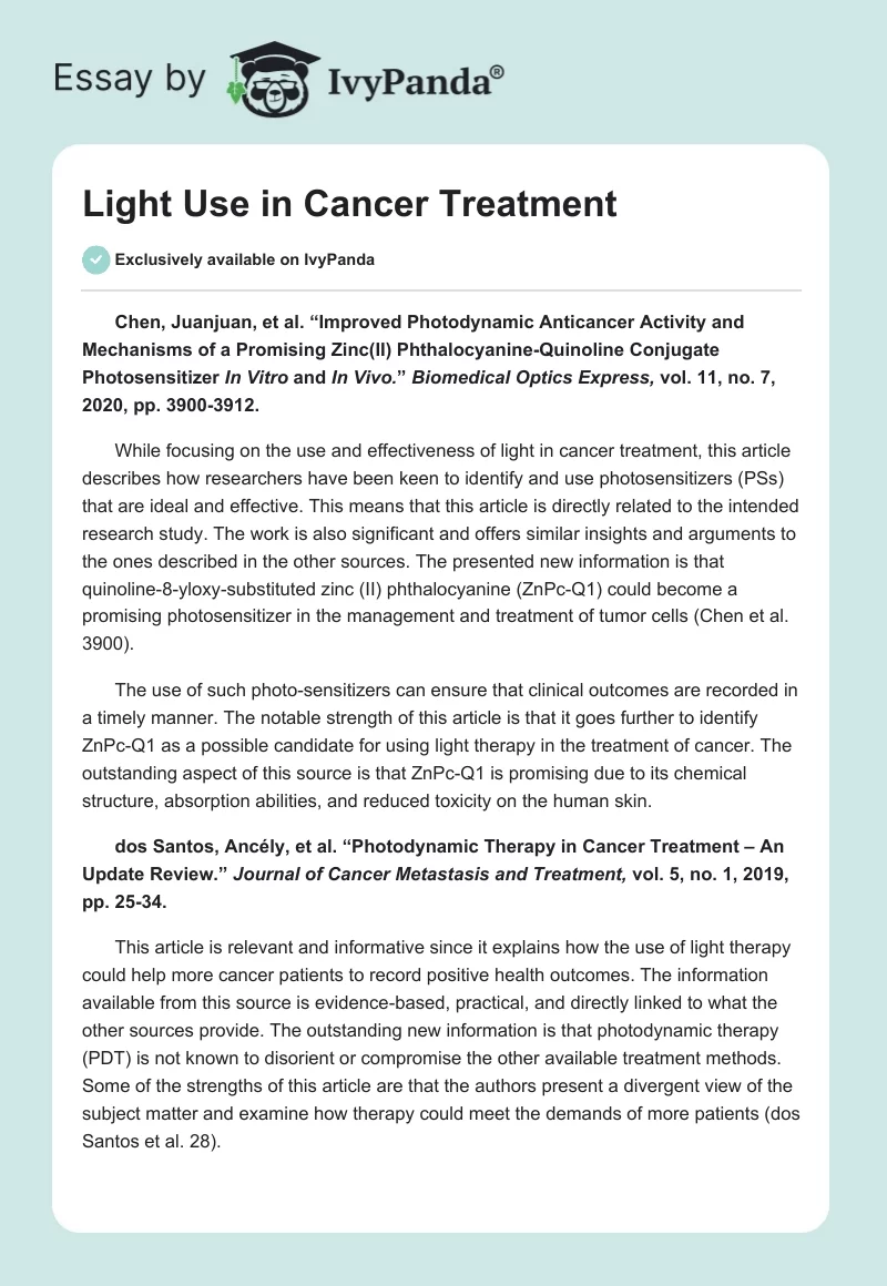 Light Use in Cancer Treatment. Page 1