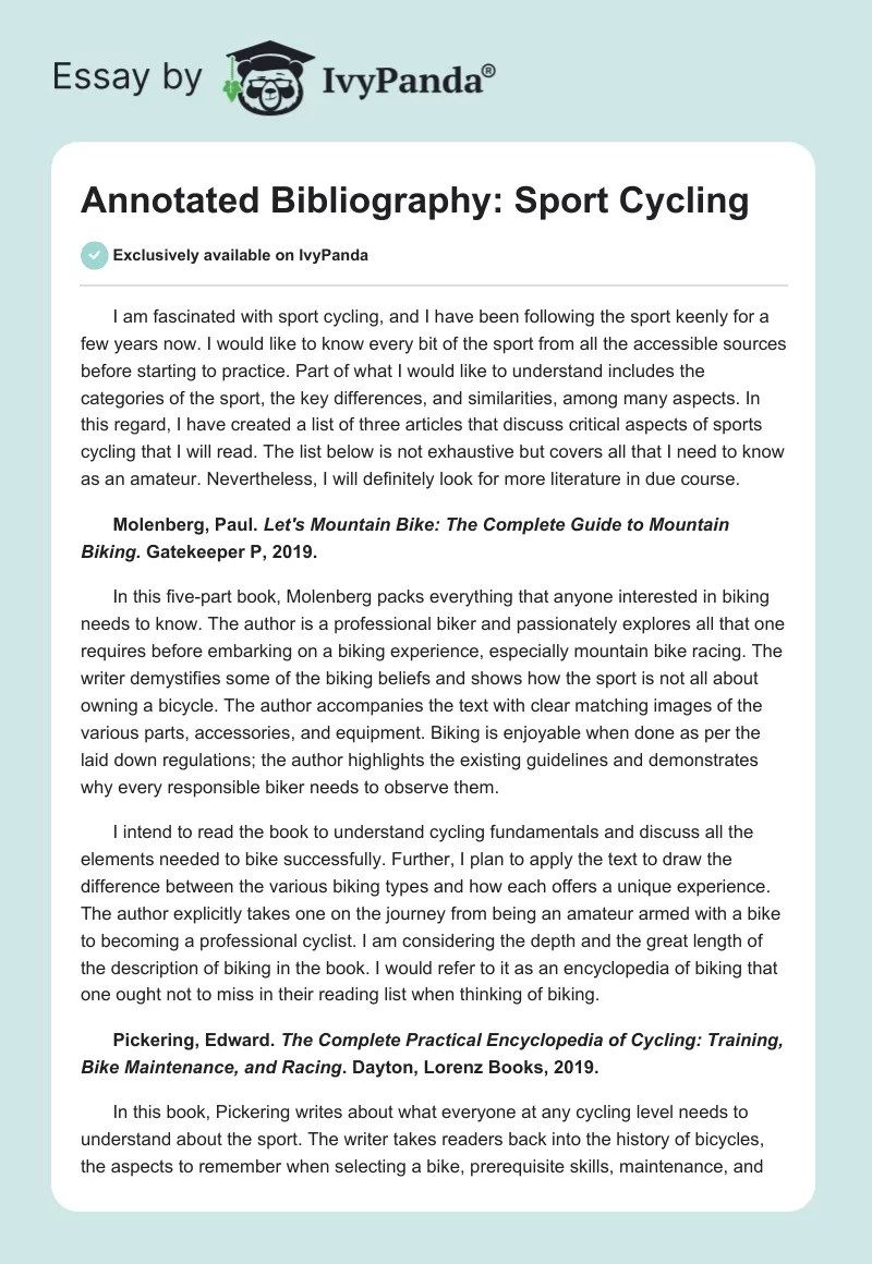 Annotated Bibliography: Sport Cycling. Page 1