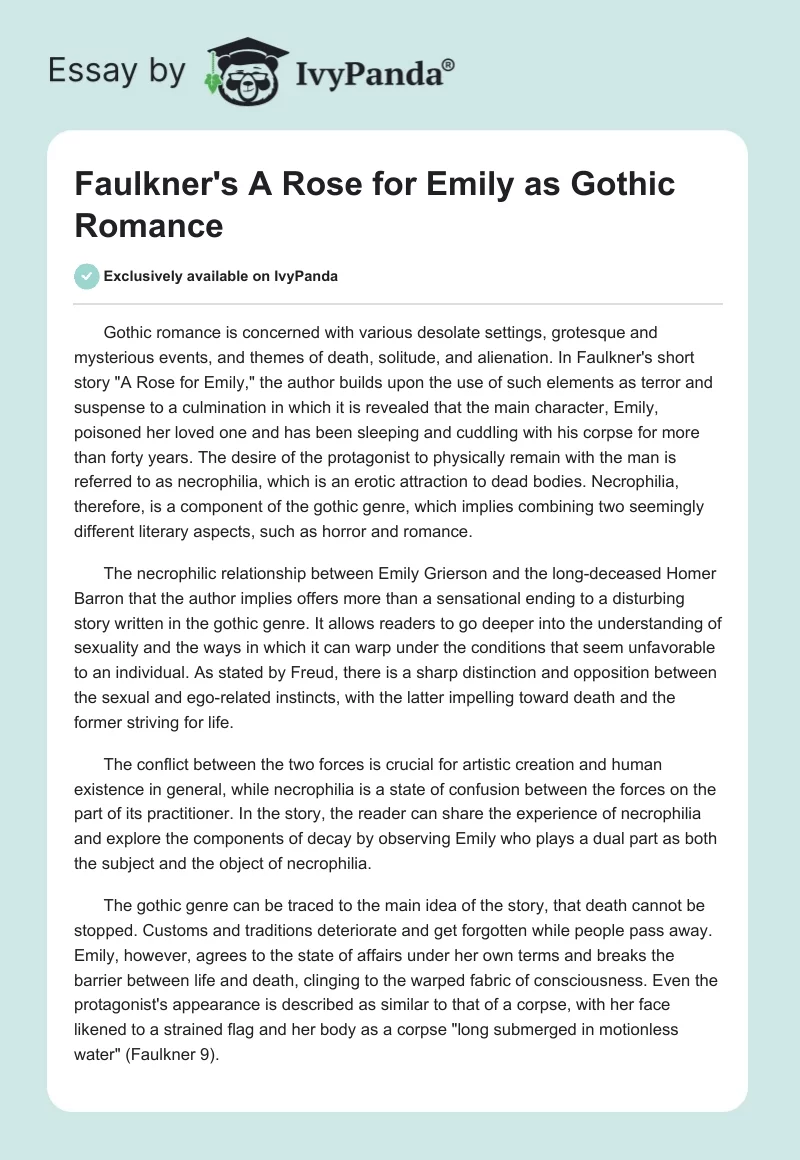 Faulkner's "A Rose for Emily" as Gothic Romance. Page 1