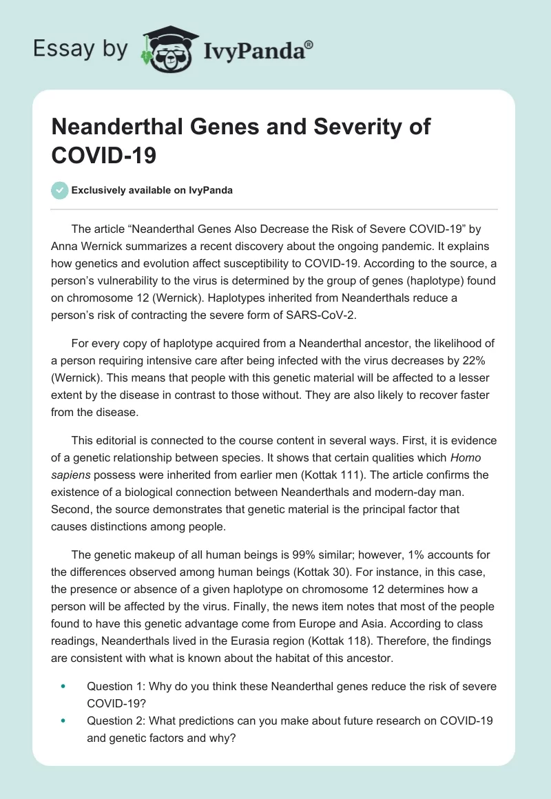 Neanderthal Genes and Severity of COVID-19. Page 1