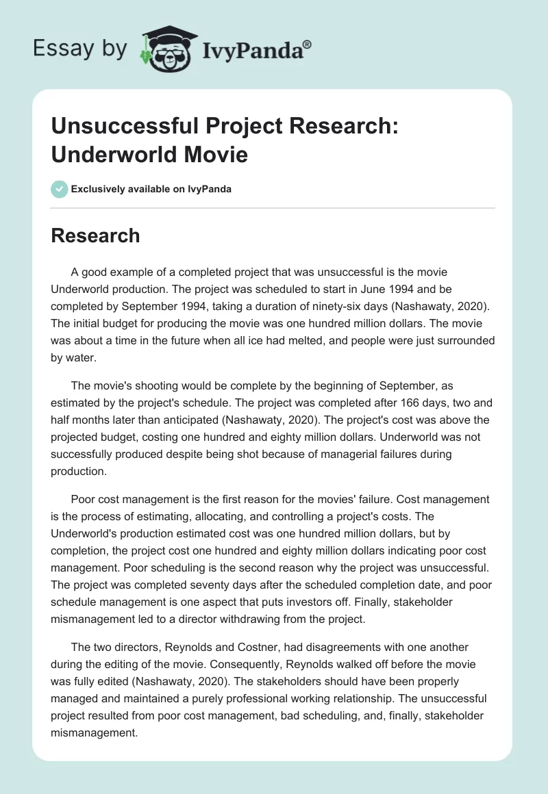 Unsuccessful Project Research: "Underworld" Movie. Page 1
