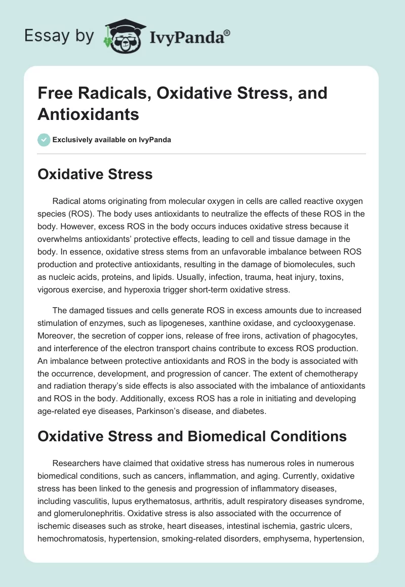 Free Radicals, Oxidative Stress, and Antioxidants. Page 1