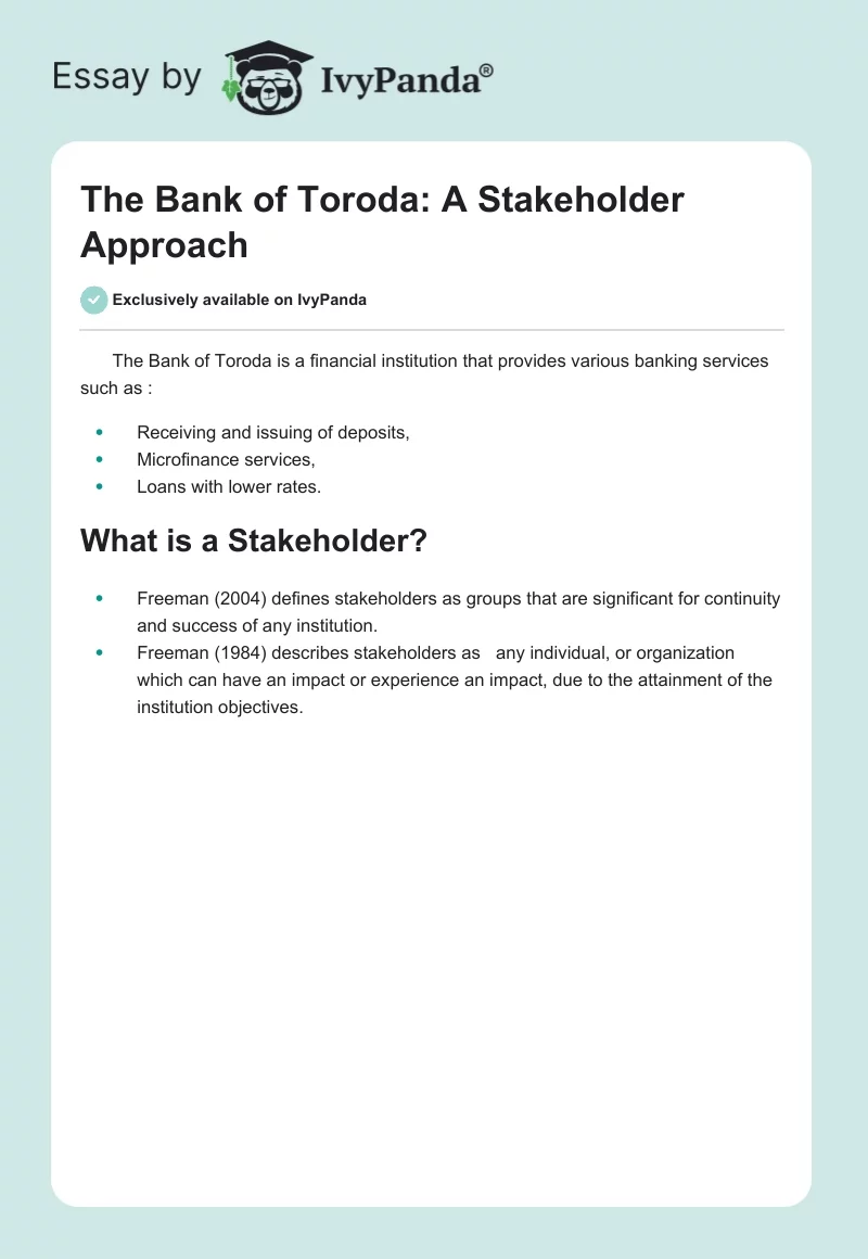 The Bank of Toroda: A Stakeholder Approach. Page 1
