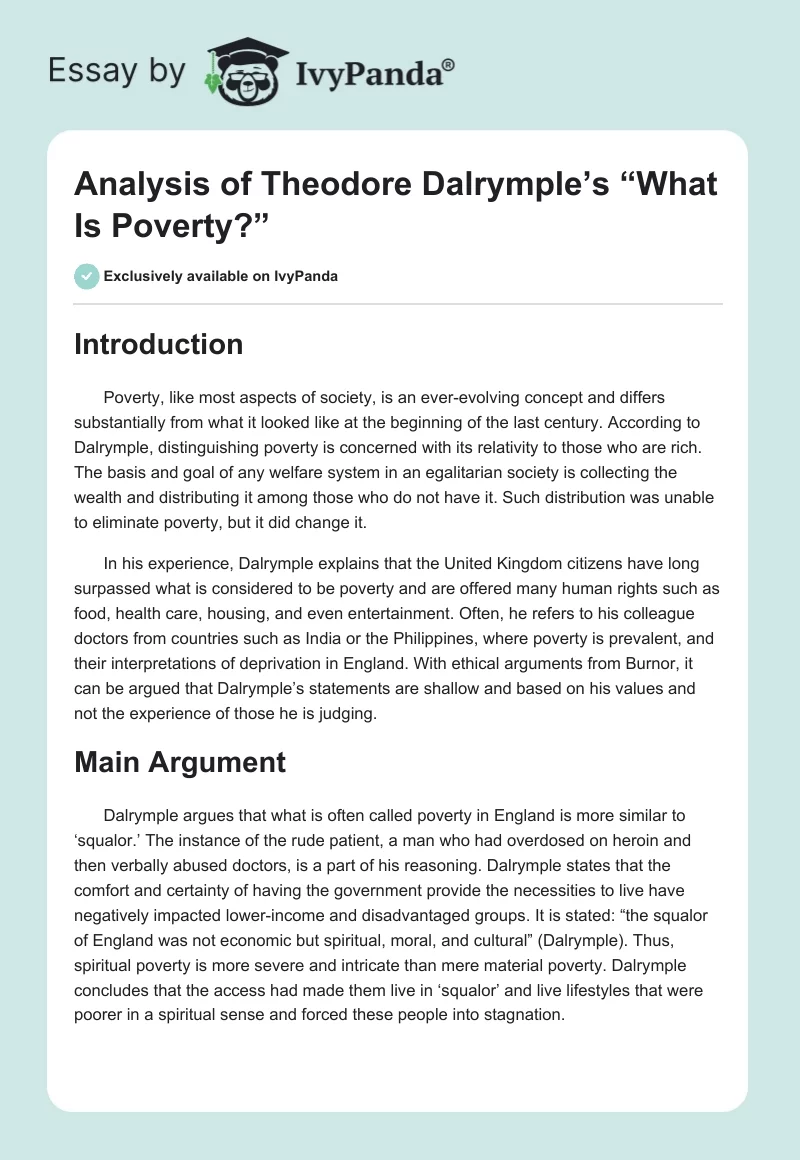 Analysis of Theodore Dalrymple’s “What Is Poverty?”. Page 1