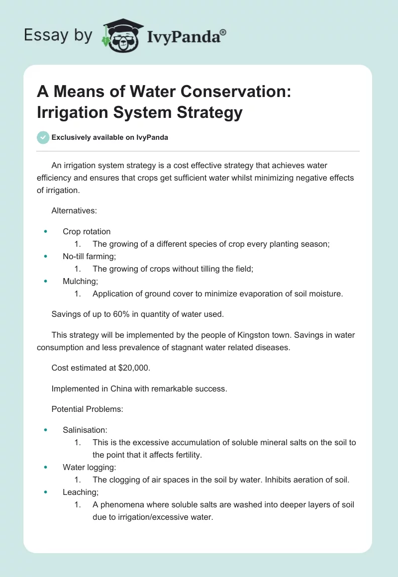 A Means of Water Conservation: Irrigation System Strategy. Page 1