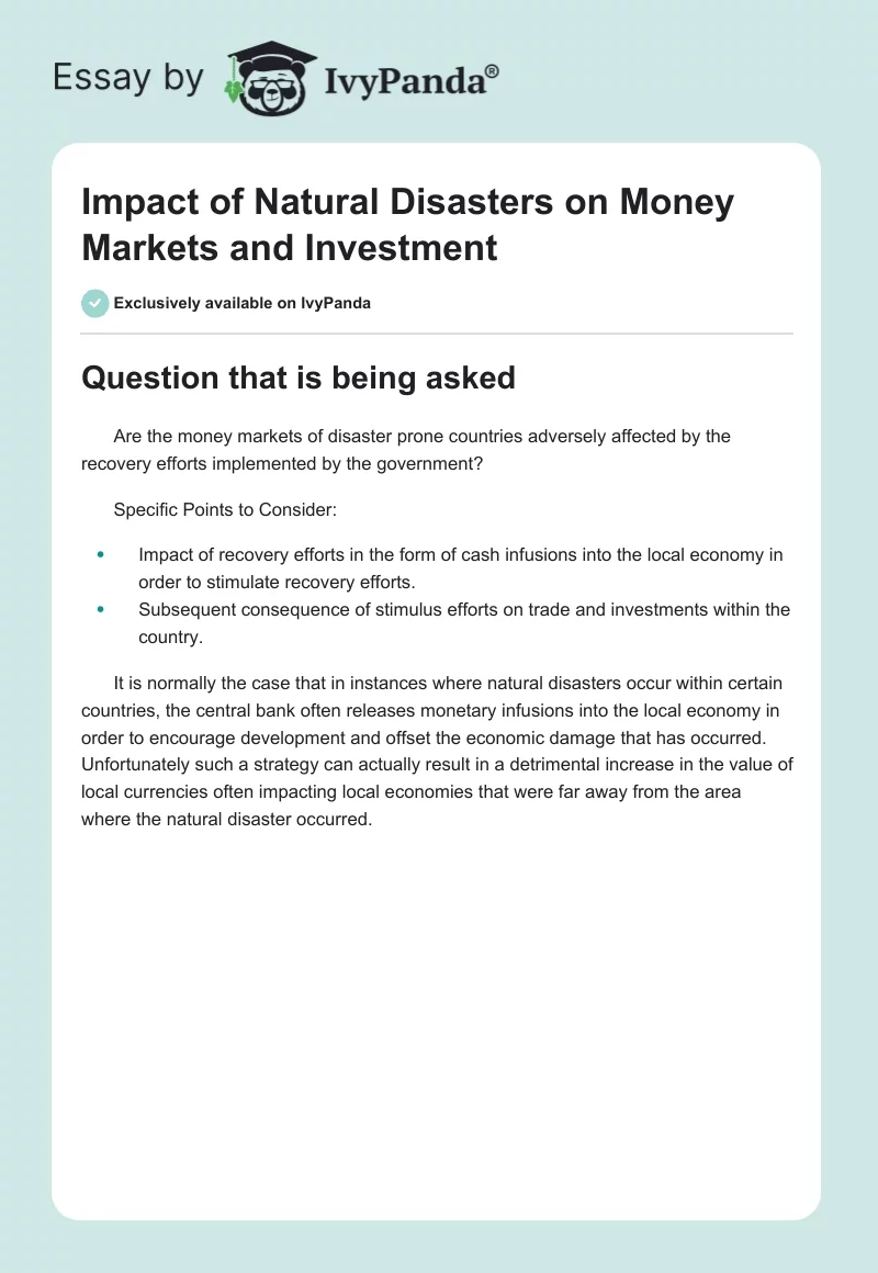 Impact of Natural Disasters on Money Markets and Investment. Page 1