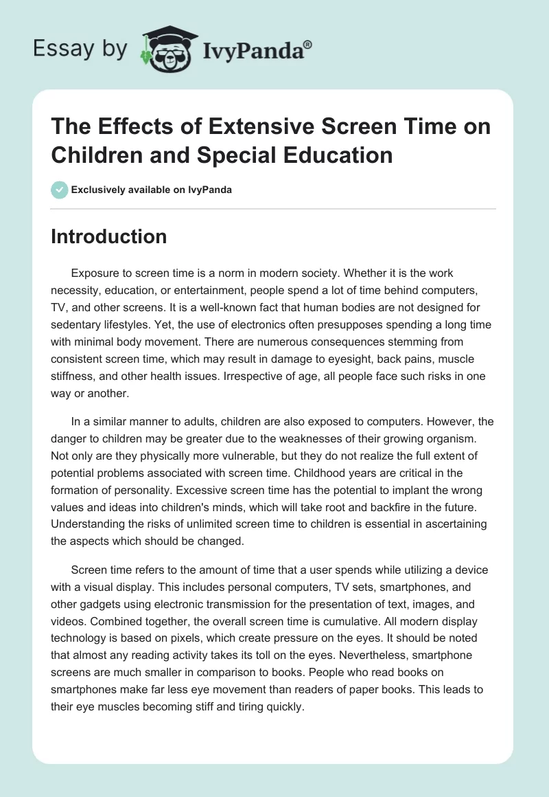 The Effects of Extensive Screen Time on Children and Special Education. Page 1