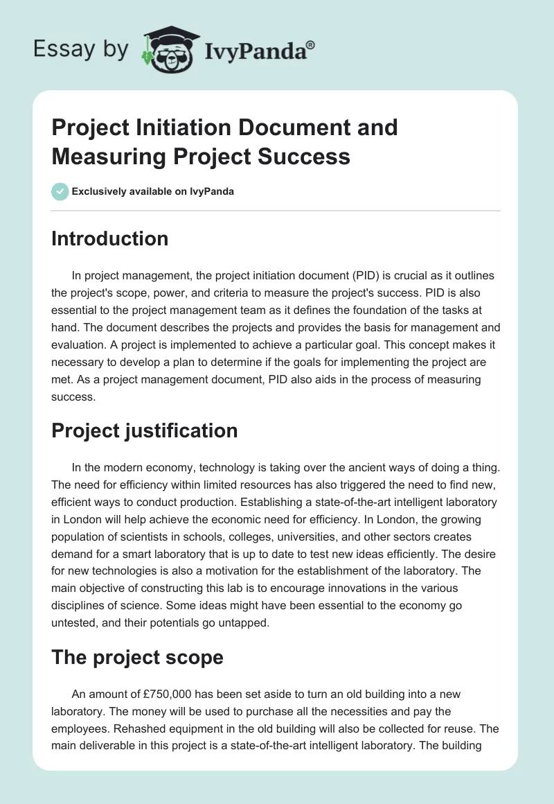 Project Initiation Document and Measuring Project Success. Page 1