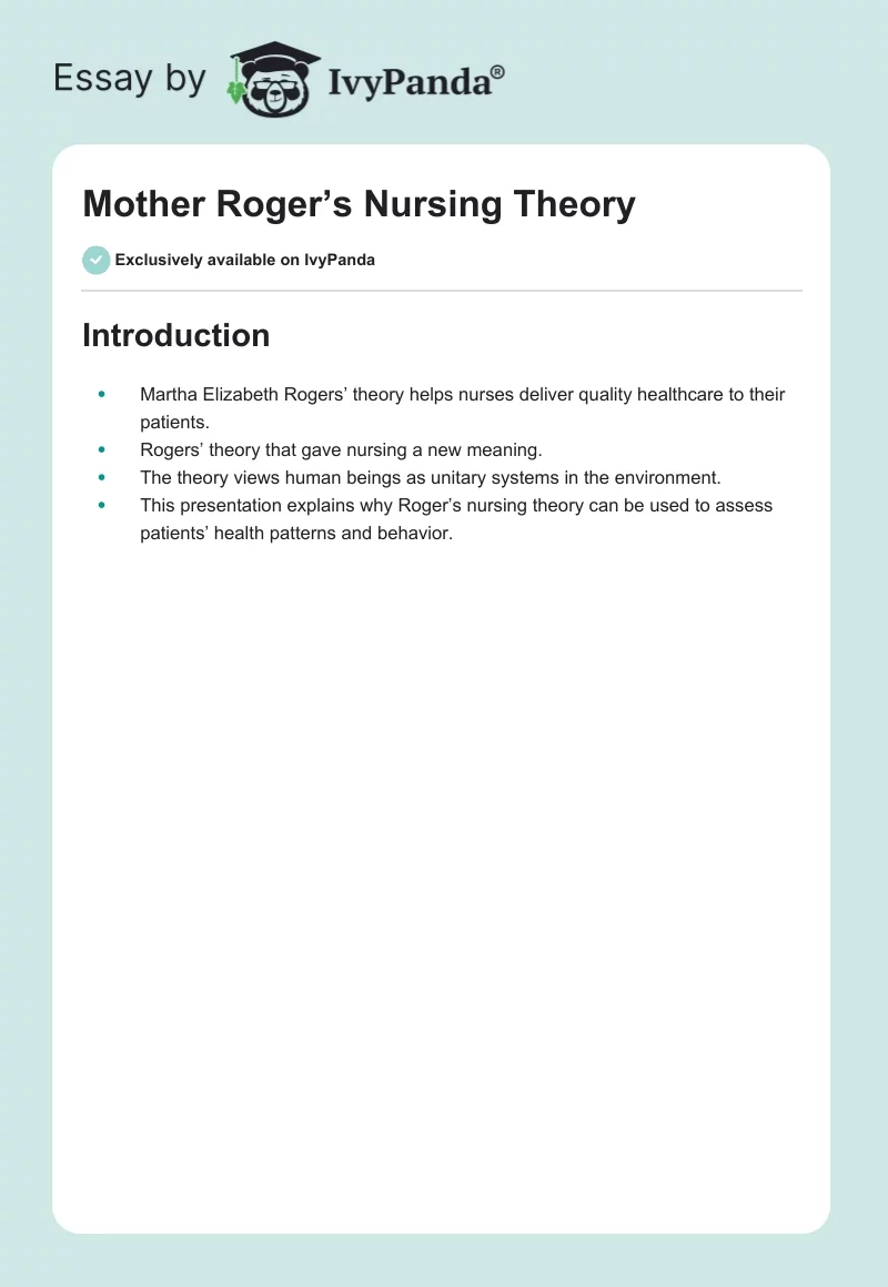 Mother Roger’s Nursing Theory. Page 1