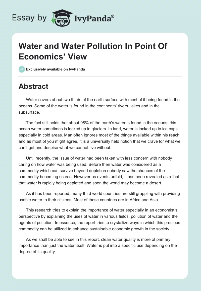 Water and Water Pollution in Point of Economics’ View. Page 1