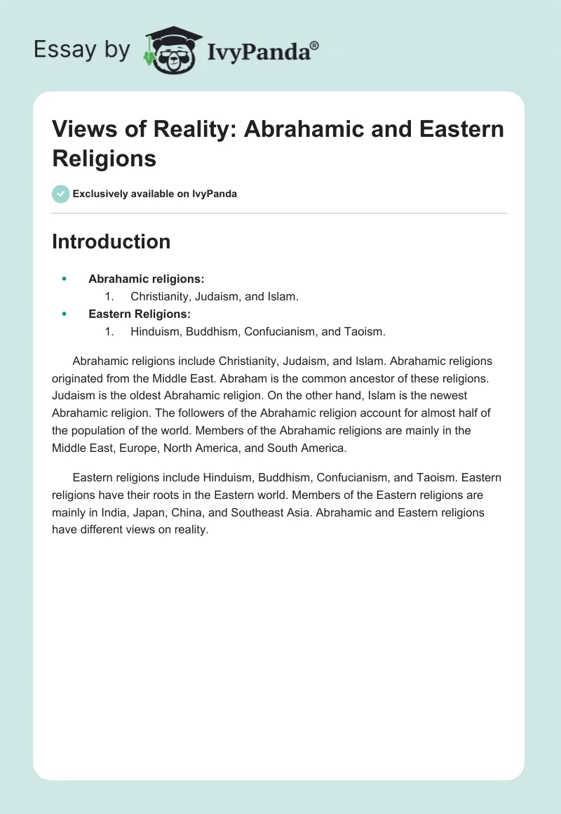Views of Reality: Abrahamic and Eastern Religions. Page 1