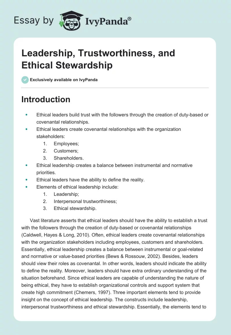 Leadership, Trustworthiness, and Ethical Stewardship. Page 1