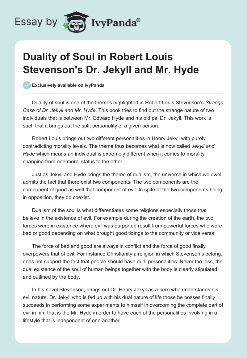 Duality of Soul in Robert Louis Stevenson's Dr. Jekyll and Mr. Hyde. Page 1