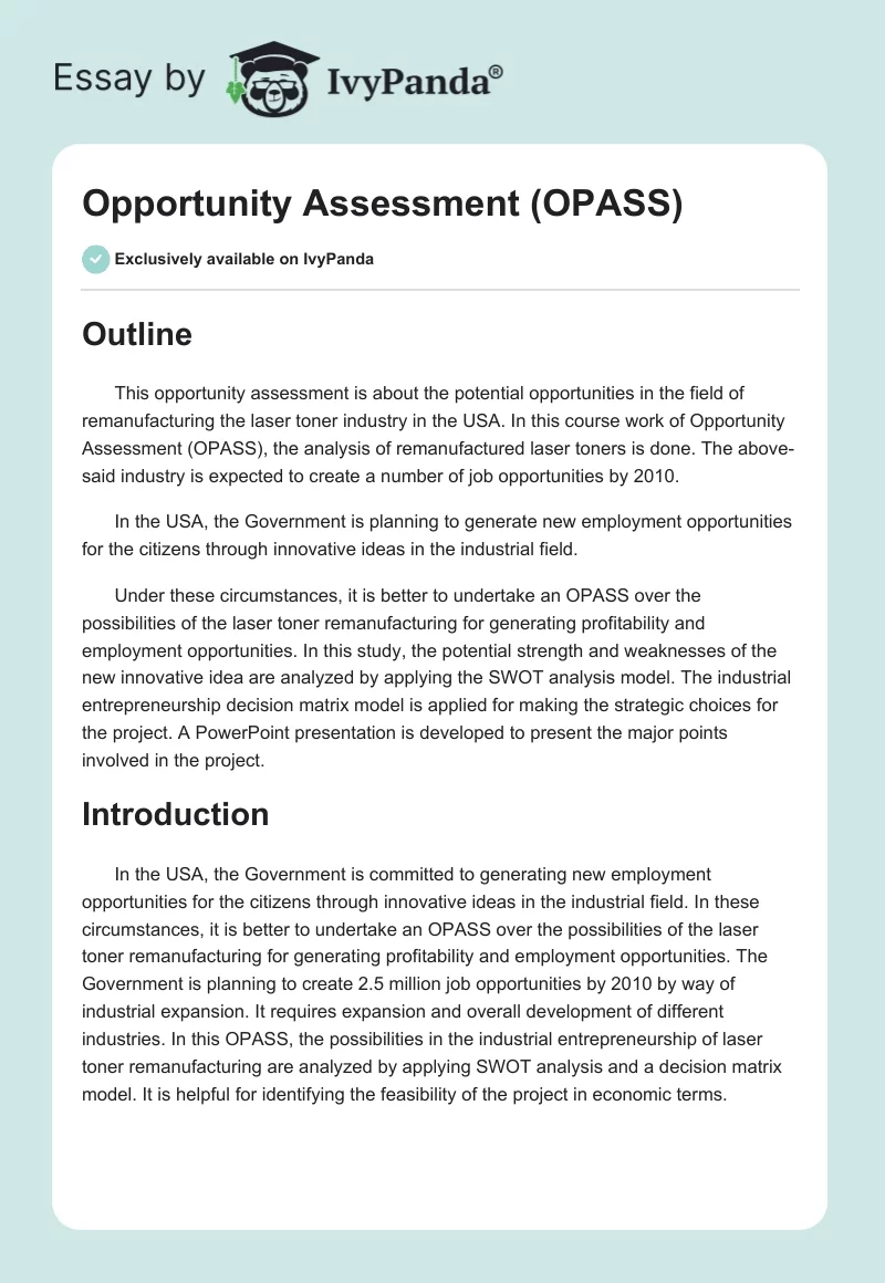 Opportunity Assessment (OPASS). Page 1