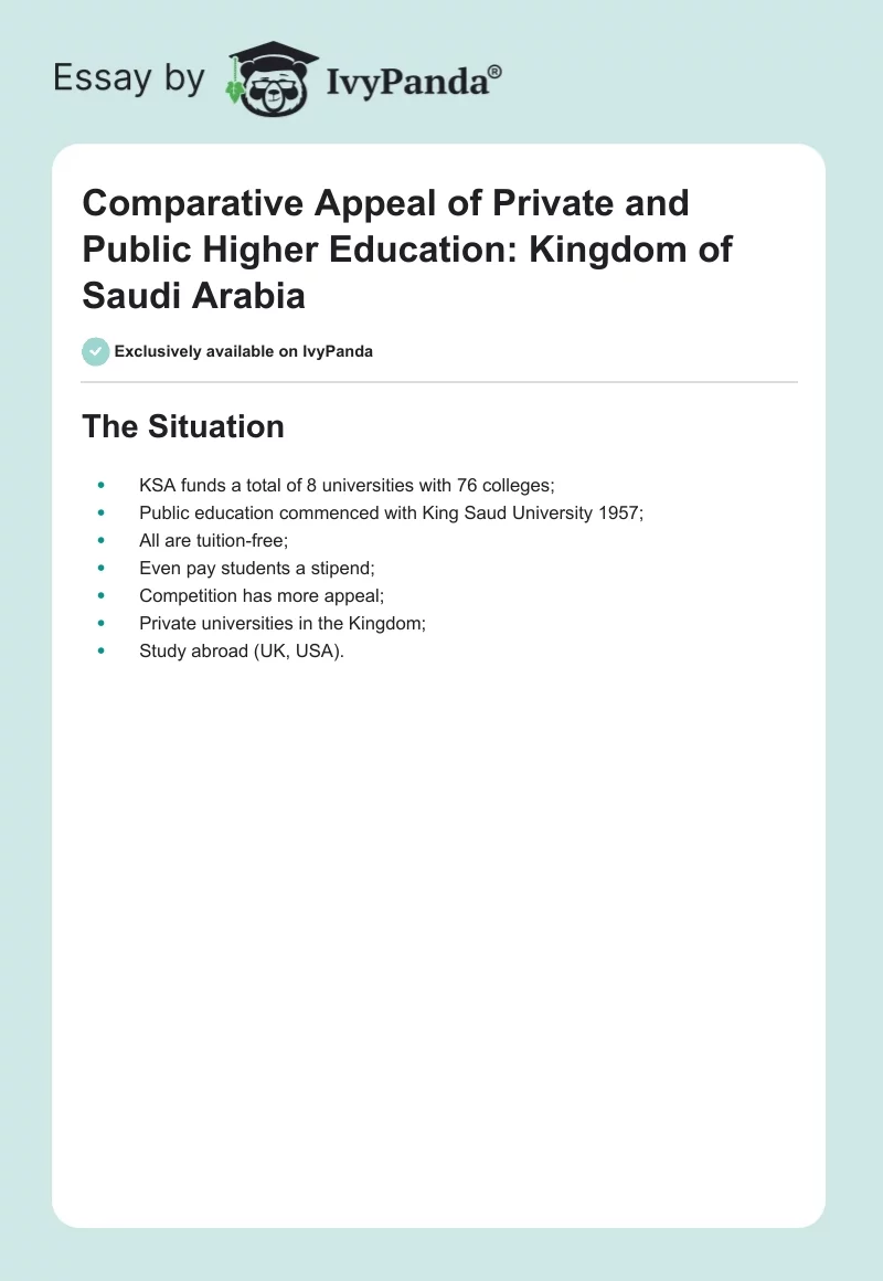 Comparative Appeal of Private and Public Higher Education: Kingdom of Saudi Arabia. Page 1