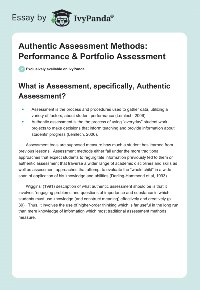 Authentic Assessment Methods: Performance & Portfolio Assessment. Page 1