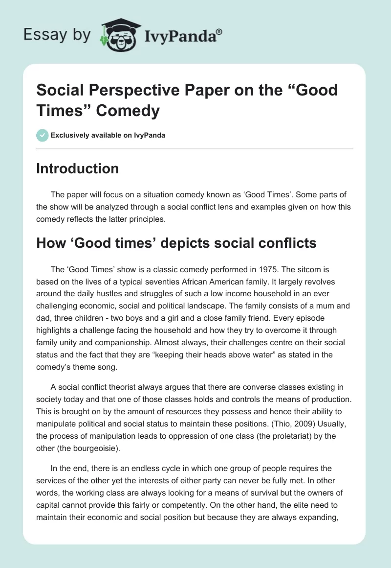 Social Perspective Paper on the “Good Times” Comedy. Page 1