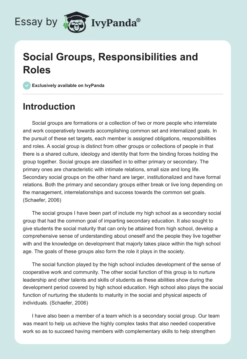 Social Groups, Responsibilities and Roles. Page 1