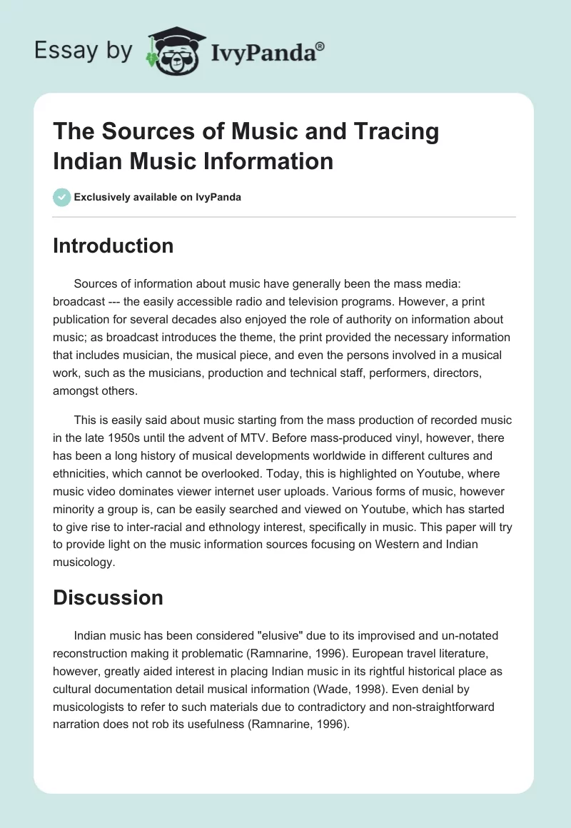 The Sources of Music and Tracing Indian Music Information. Page 1