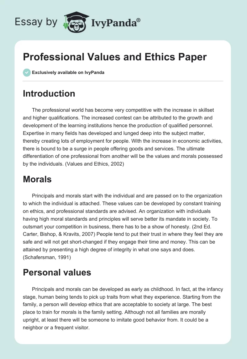 Professional Values and Ethics Paper. Page 1