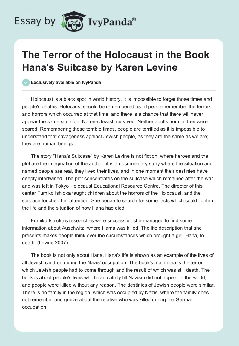 The Terror of the Holocaust in the Book "Hana's Suitcase" by Karen Levine. Page 1