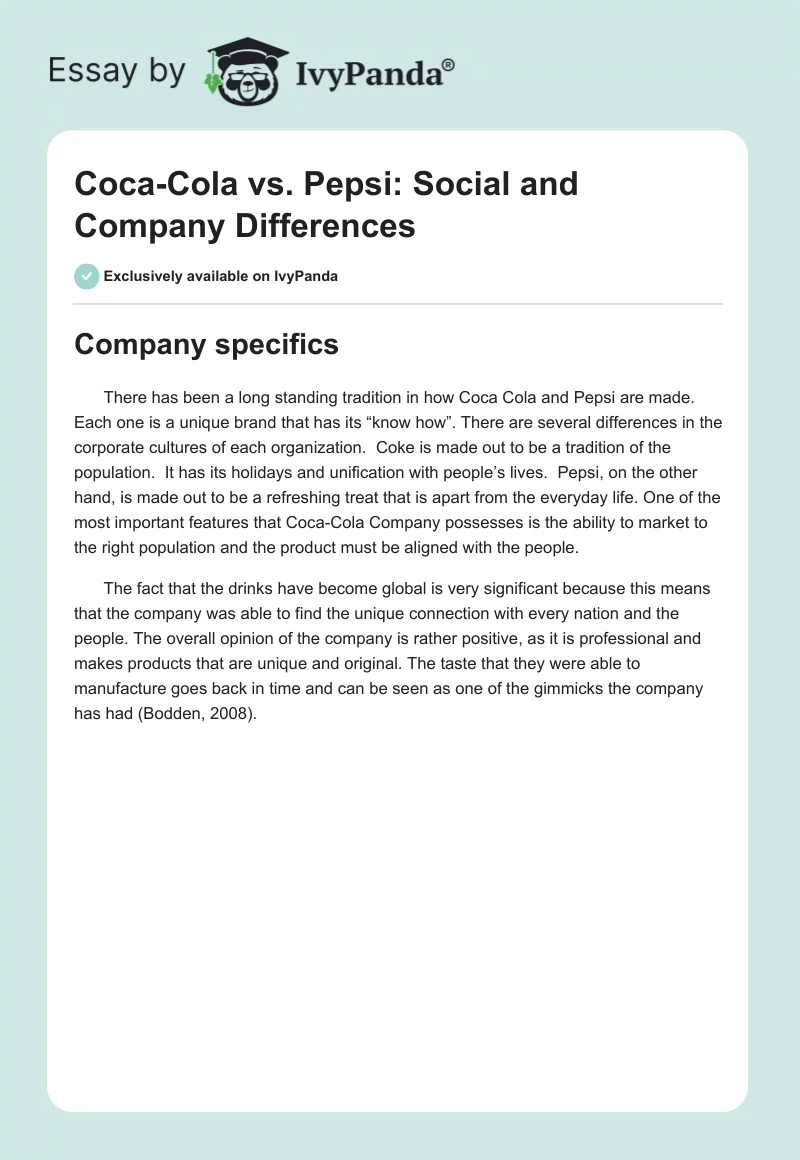 Coca-Cola vs. Pepsi: Social and Company Differences. Page 1